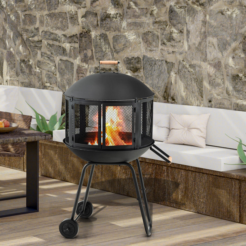 28-inch portable black fire pit on wheels with log grate, ideal for heating and barbecue, featuring a rust-resistant.