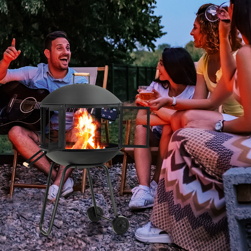 28-inch portable fire pit on wheels with log grate, ideal for heating and barbecue, perfect for outdoor gatherings.