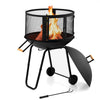 28-inch portable fire pit on wheels with log grate, black steel frame, ideal for heating or barbecue in outdoor.