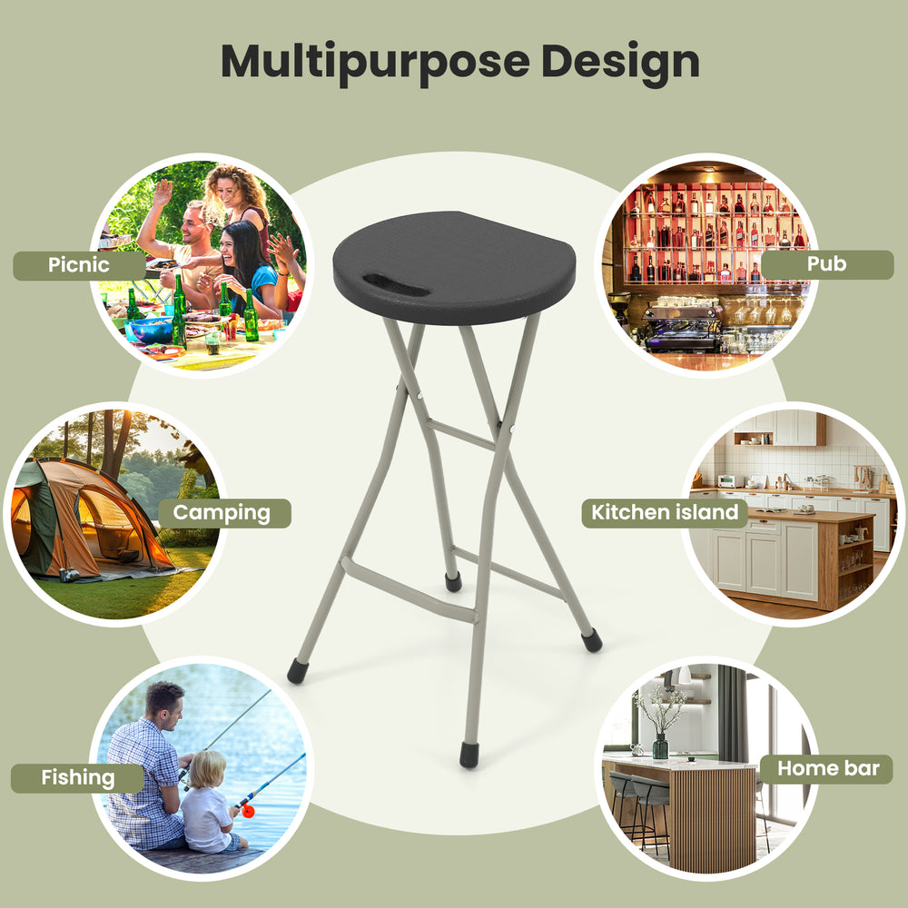 28-inch portable folding stool with sturdy steel frame, ideal for camping, picnics, and kitchen use.