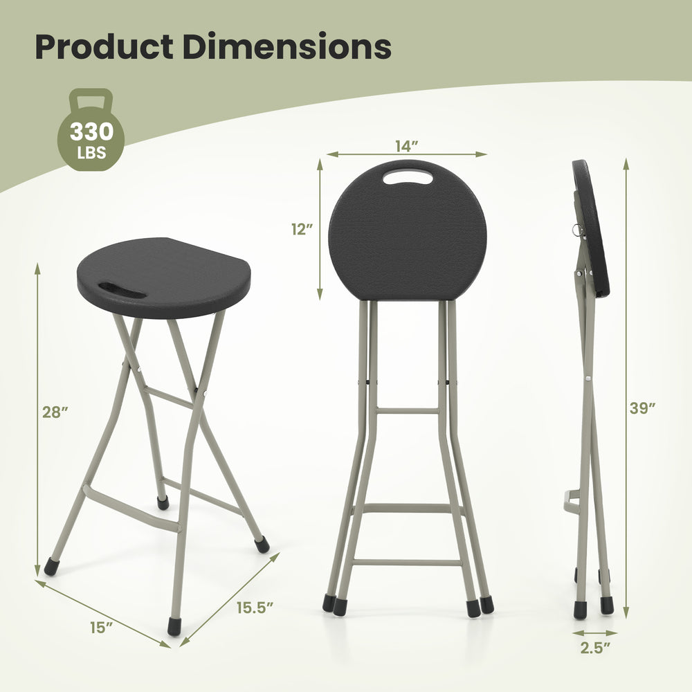 28-inch portable folding stool with a sturdy steel frame, featuring a wide seat and footrest for comfortable seating.