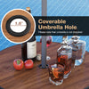 Coverable umbrella hole on the 28-inch outdoor bar table with wood-like tabletop, ideal for backyard garden use.