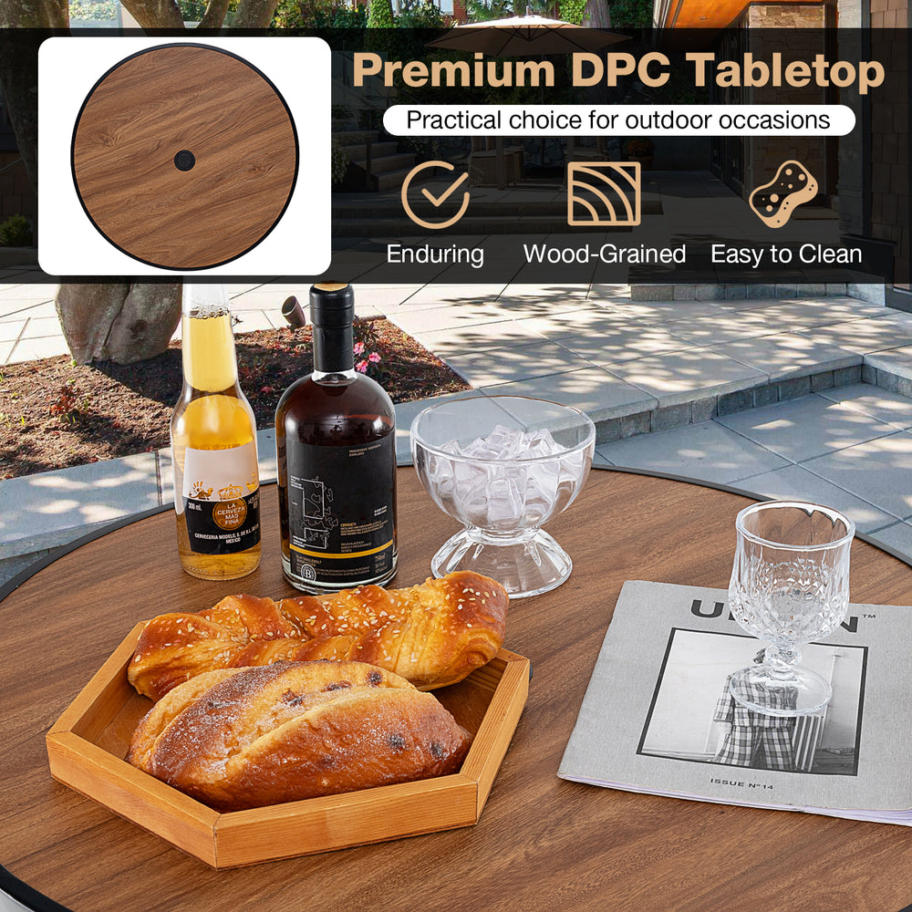28-inch outdoor bar table with wood-like DPC tabletop, featuring an umbrella hole, perfect for backyard gatherings.