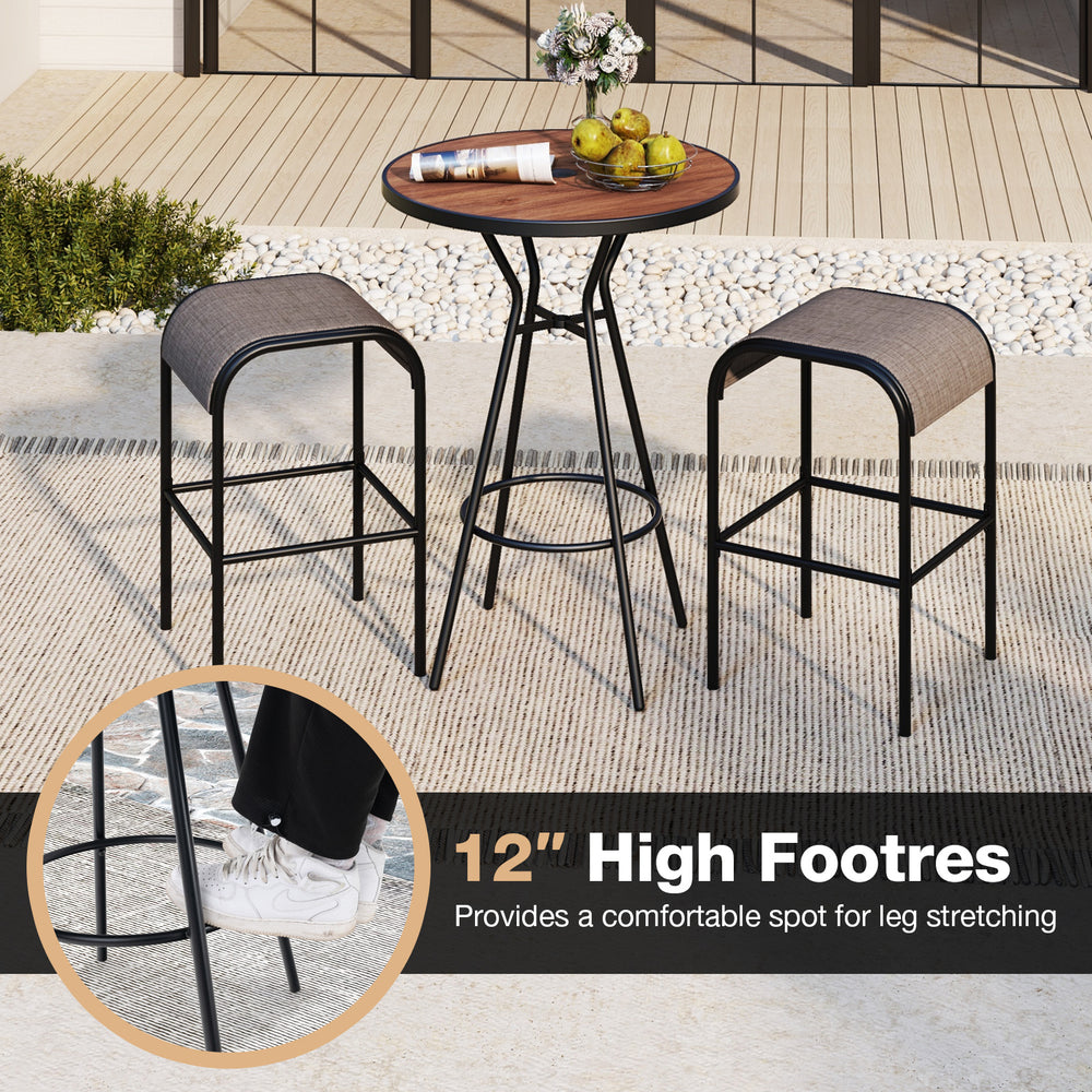 28-inch outdoor bar table with wood-like tabletop and 12" high footrest, perfect for backyard garden relaxation.