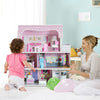 Colorful 28-inch pink dollhouse with furniture, featuring 5 rooms and a balcony, perfect for imaginative play.