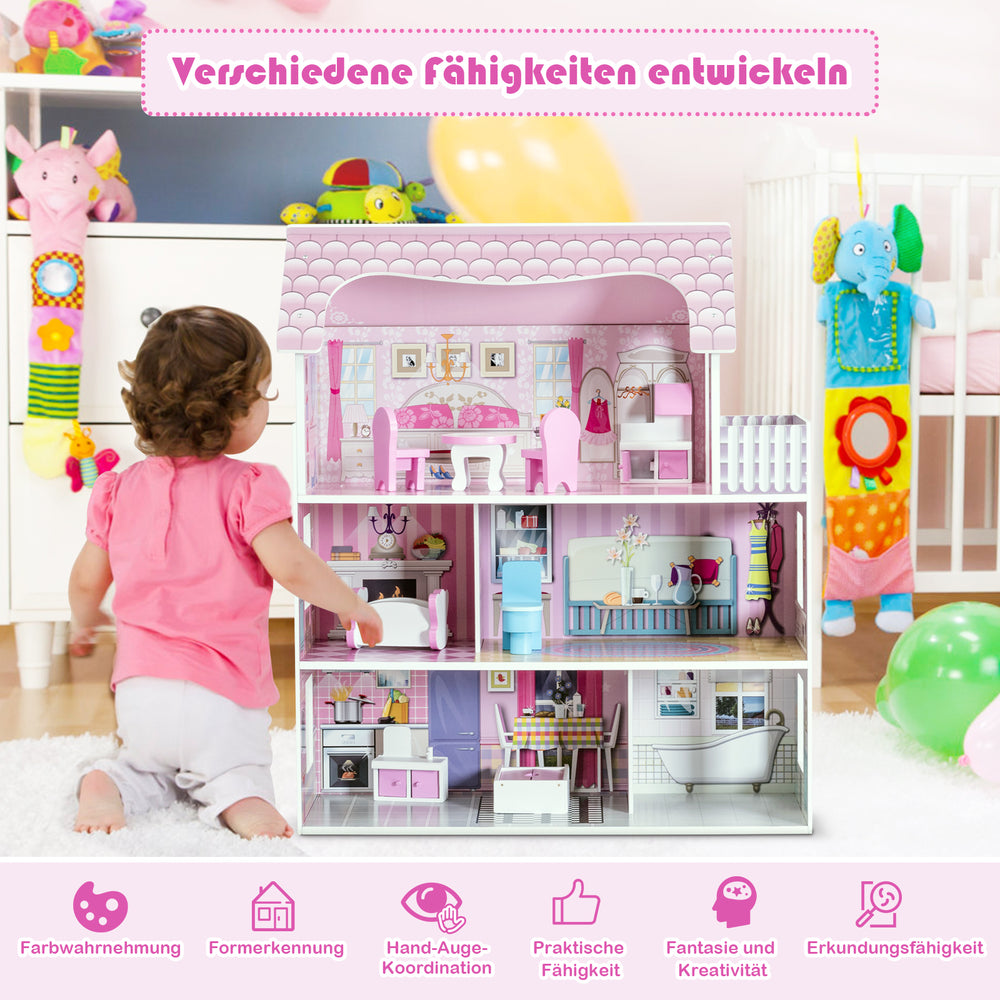 28-inch pink dollhouse with furniture, featuring 5 rooms, balcony, and eco-friendly MDF for imaginative play.