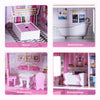 Four rooms of the 28-inch pink dollhouse, featuring a kitchen, bathroom, living room, and bedroom with colorful.