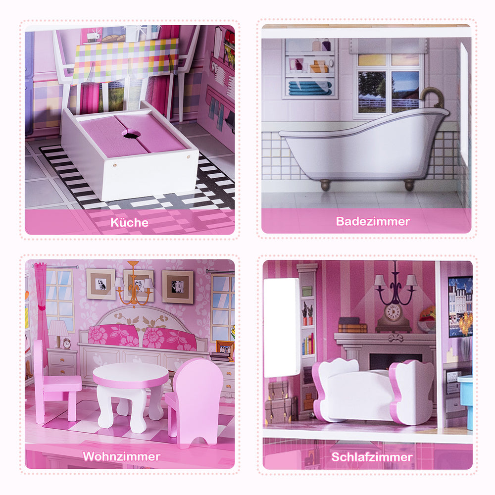 Four rooms of the 28-inch pink dollhouse, featuring a kitchen, bathroom, living room, and bedroom with colorful.