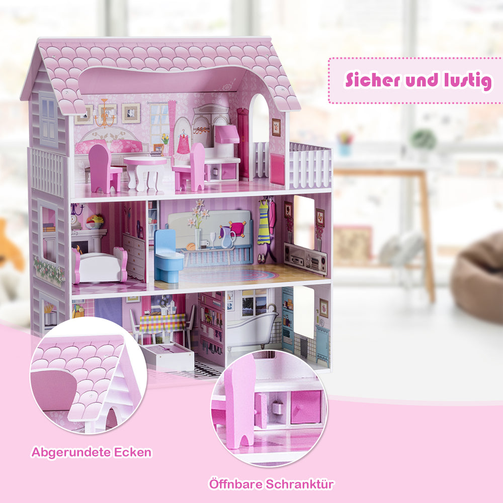 Detail view of the 28-inch pink dollhouse showcasing rounded corners and an open cabinet door for safe, imaginative.