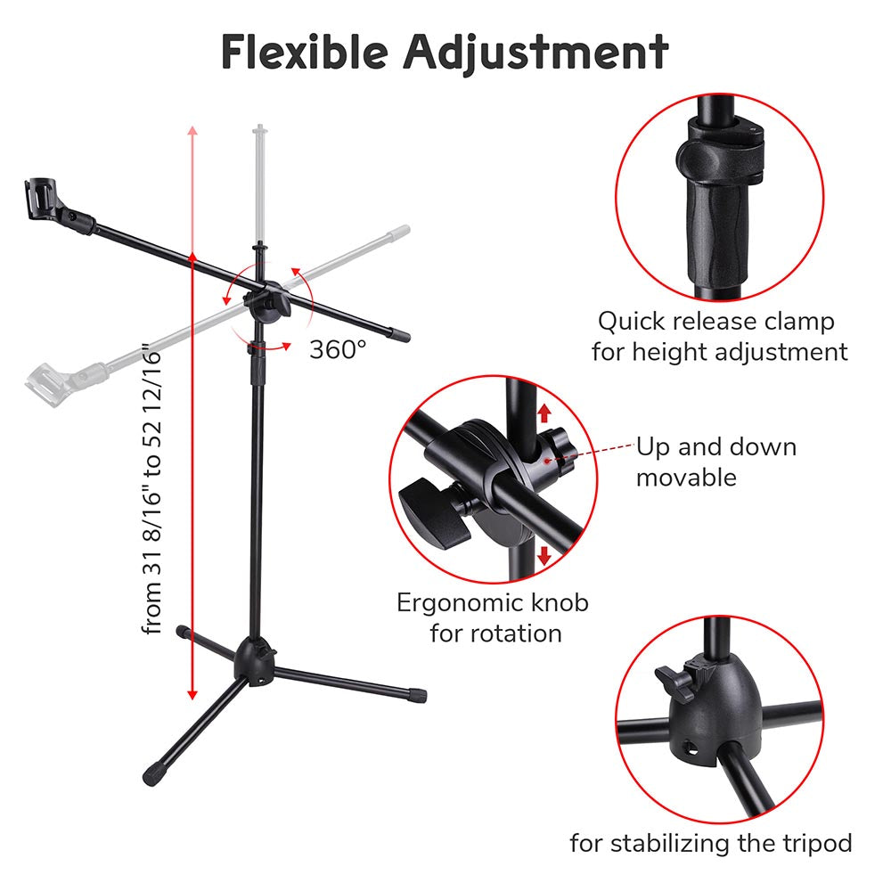 Yescom Microphone Boom Stand w/ 2 Mic Clips Adjustable Tripod New