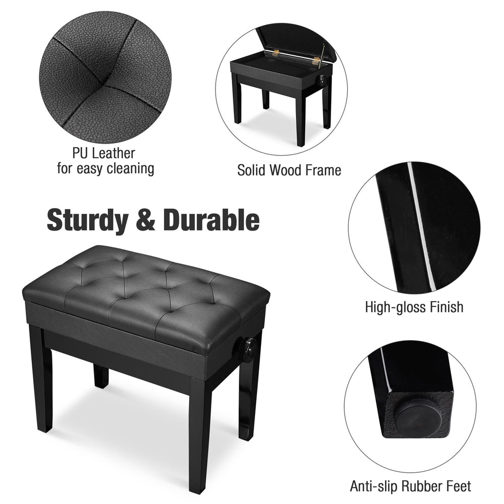 Yescom Piano Bench Adjustable-Height Leather Seat with Storage New