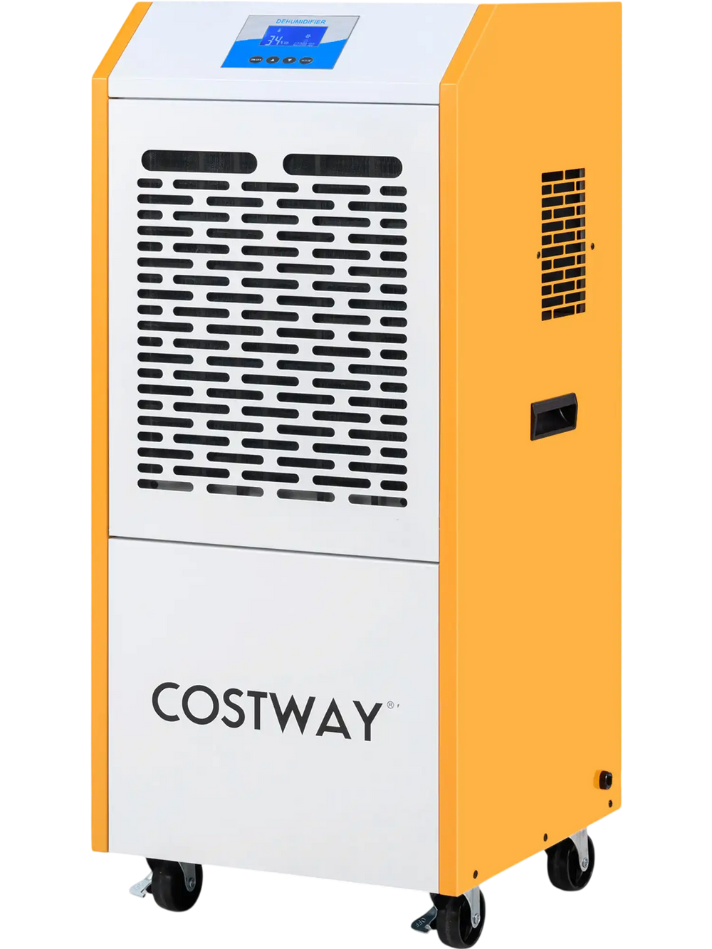 290 pints commercial dehumidifier in yellow with pump, ideal for basements and large spaces, featuring a clean touch.
