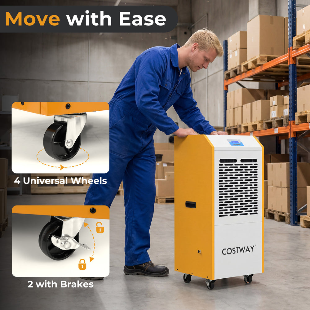 290 pints commercial dehumidifier in yellow with 4 universal wheels, ideal for large spaces like basements and.