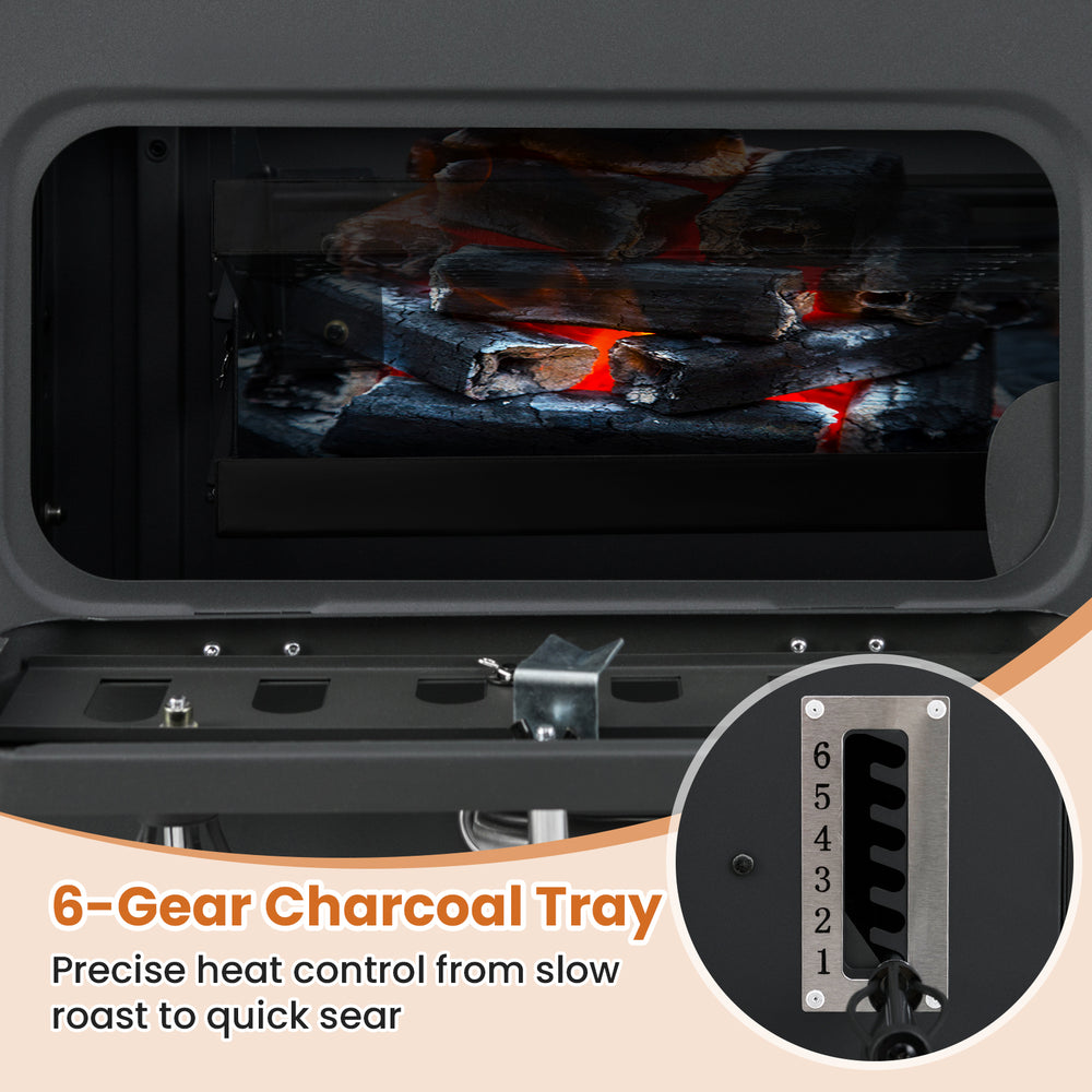 Close-up of the 6-gear charcoal tray in the 24-inch barrel charcoal grill for precise heat control and cooking.