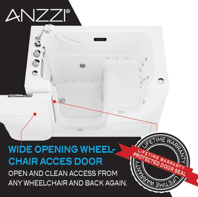 Anzzi 2953WCRWD Bathtub 29" x 53" Right Drain Wheelchair Access Walk-In Whirlpool Air Jets New