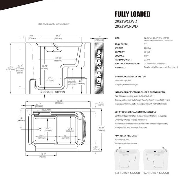 Anzzi 2953WCRWD Bathtub 29" x 53" Right Drain Wheelchair Access Walk-In Whirlpool Air Jets New