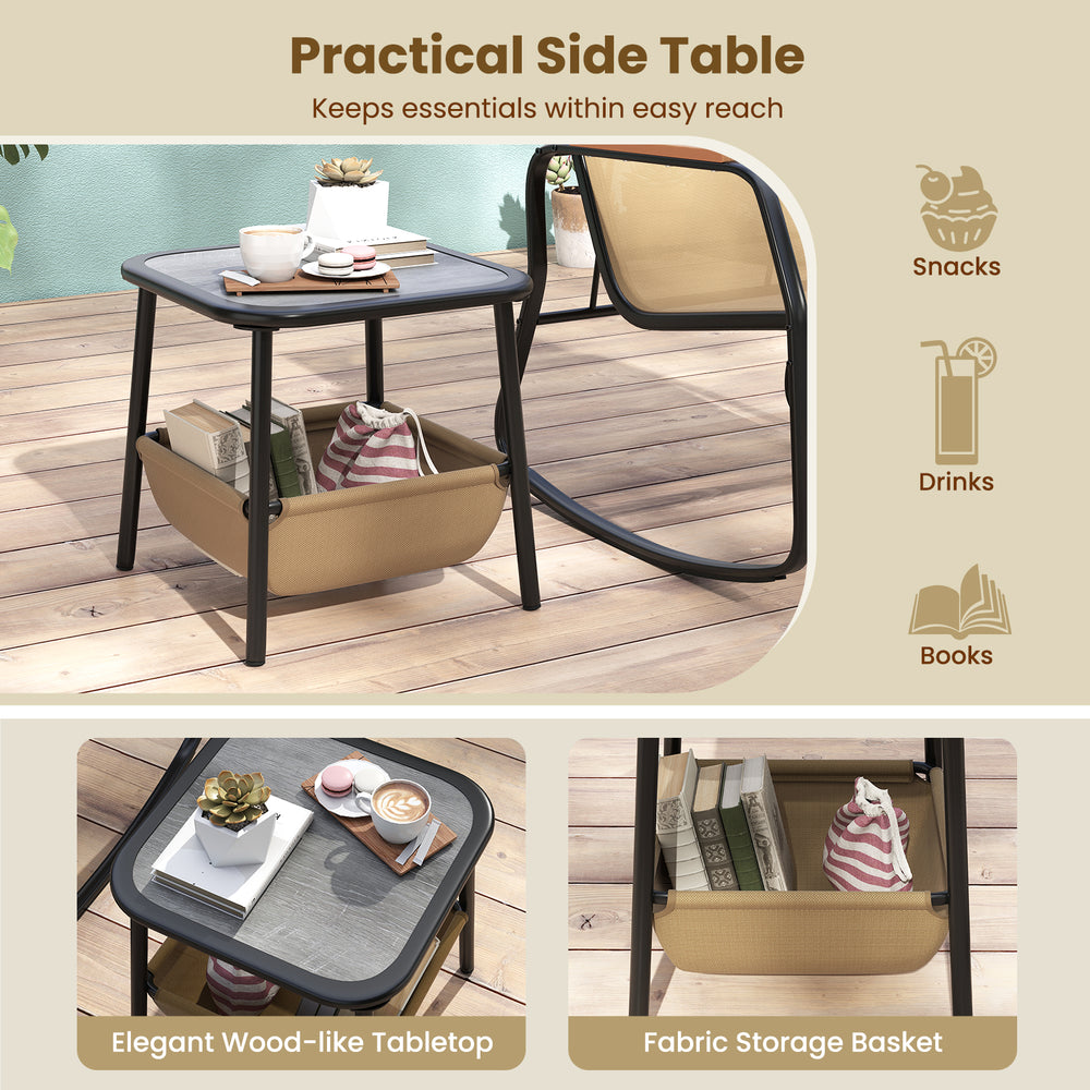 Brown side table with fabric storage basket and wood-like tabletop, ideal for outdoor use with rocking chairs.