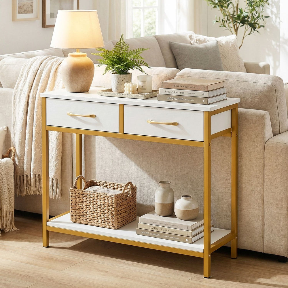 29.5” Narrow Console Table with 2 Fabric Drawers and Open Compartment-White - Gallery View 1 of 10