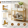 Narrow 29.5” console table with two fabric drawers and open shelf, featuring a sturdy engineered wood and metal frame.