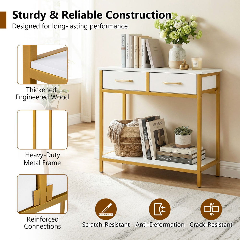 Narrow 29.5” console table with two fabric drawers and open shelf, featuring a sturdy engineered wood and metal frame.