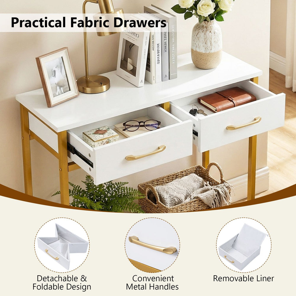 Narrow console table featuring two removable fabric drawers and an open compartment, ideal for tight spaces and versatile storage.
