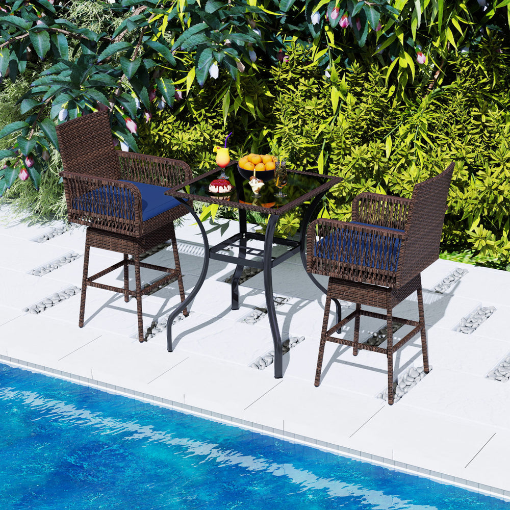 29” Bar Height Patio 360° Swivel Bar Stool with Cross-Woven Armrests Footrest and Seat Cushion-Navy - Gallery View 1 of 8