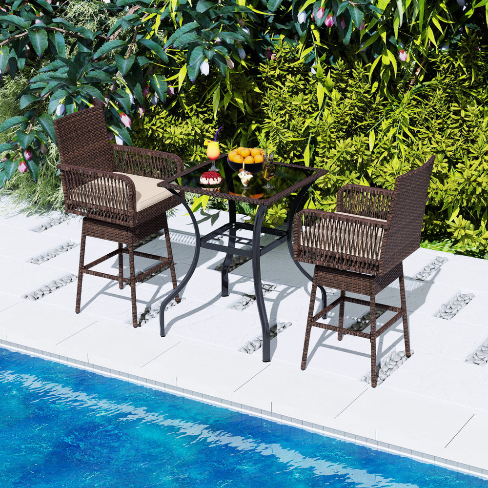 29” Bar Height Patio 360° Swivel Bar Stool with Cross-Woven Armrests Footrest and Seat Cushion-Brown - Gallery View 1 of 8