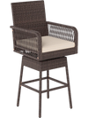 Brown PE rattan 29” bar height swivel stool features ergonomic armrests, footrest, and a soft seat cushion for comfort.
