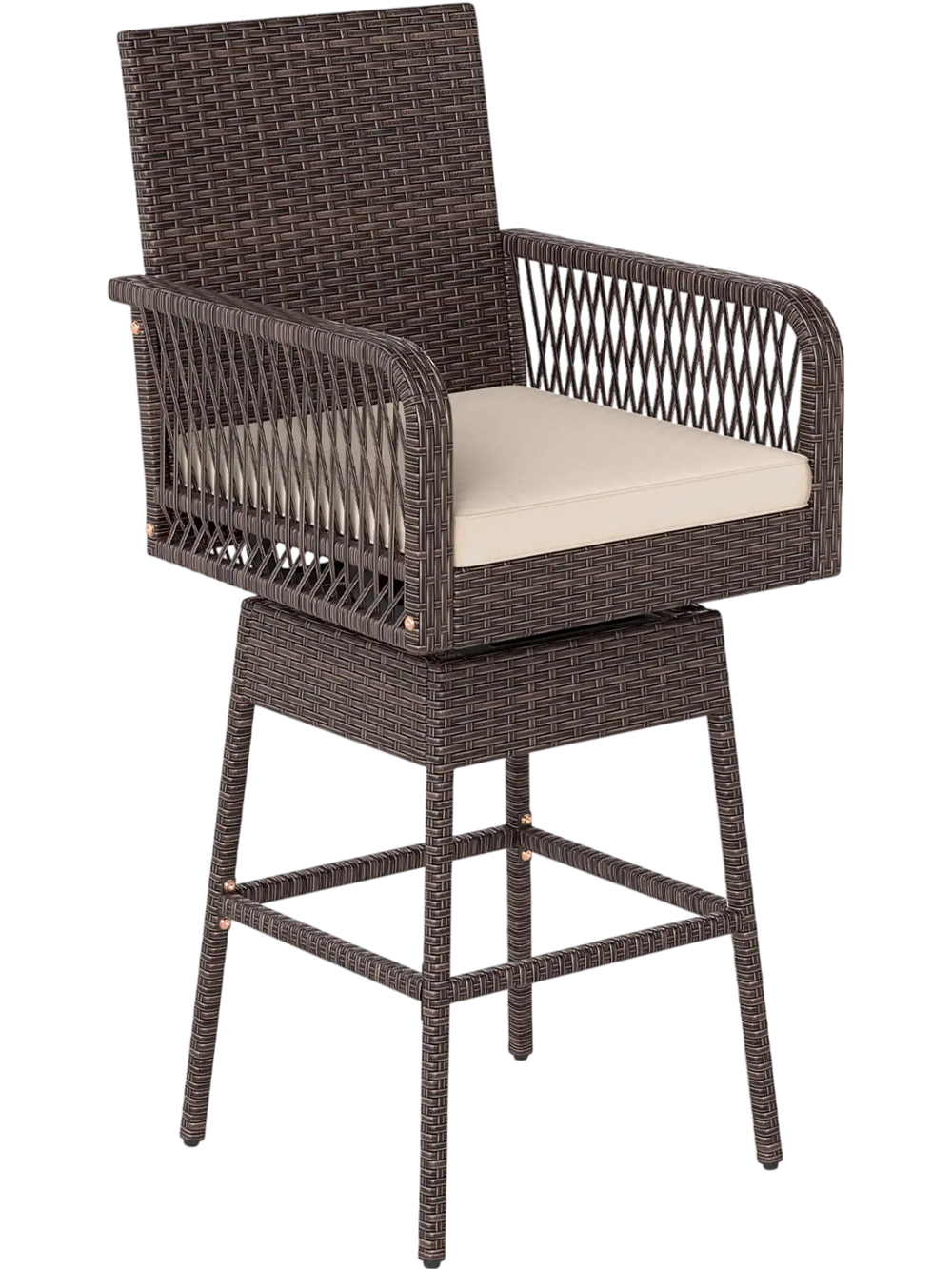 Brown PE rattan 29” bar height swivel stool features ergonomic armrests, footrest, and a soft seat cushion for comfort.