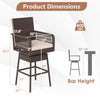Bar height 29” patio swivel bar stool in brown PE rattan features ergonomic armrests, footrest, and soft cushion for comfort.