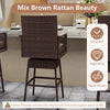 Bar height 29” swivel stool in mix brown PE rattan with armrests and cushion, ideal for backyard or poolside use.