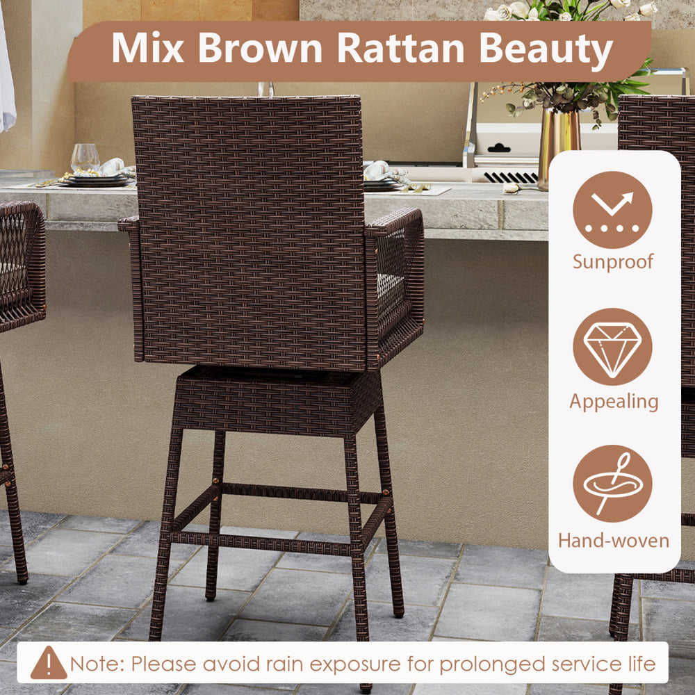 Bar height 29” swivel stool in mix brown PE rattan with armrests and cushion, ideal for backyard or poolside use.