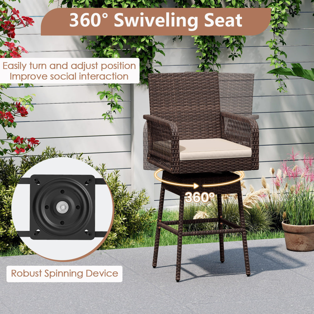 Brown 29” bar height patio swivel bar stool features a 360° rotating seat, ergonomic armrests, and a soft cushion for comfort.