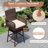 Bar height patio swivel bar stool in brown PE rattan with a soft seat cushion, perfect for backyard or poolside relaxation.