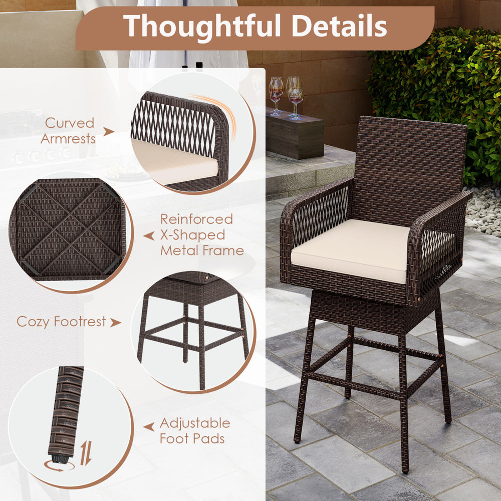 29” bar height swivel bar stool features brown PE rattan, ergonomic armrests, and a soft seat cushion for outdoor comfort.