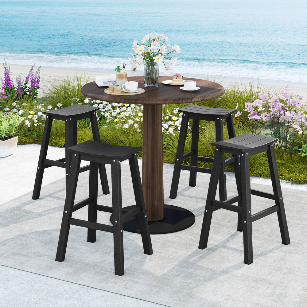 Black HDPE patio bar stool set of 2 with curved seats, ideal for outdoor relaxation at a bar height table.