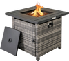 29-inch gray propane rattan firepit table with lava rocks, adjustable flame, and protective cover for versatile outdoor.