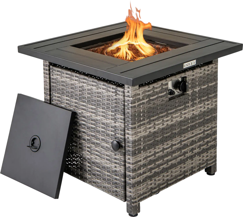 29-inch gray propane rattan firepit table with lava rocks, adjustable flame, and protective cover for versatile outdoor.