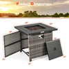 29-inch propane rattan firepit table with lava rocks, featuring a secure lid and adjustable footpads for stability.