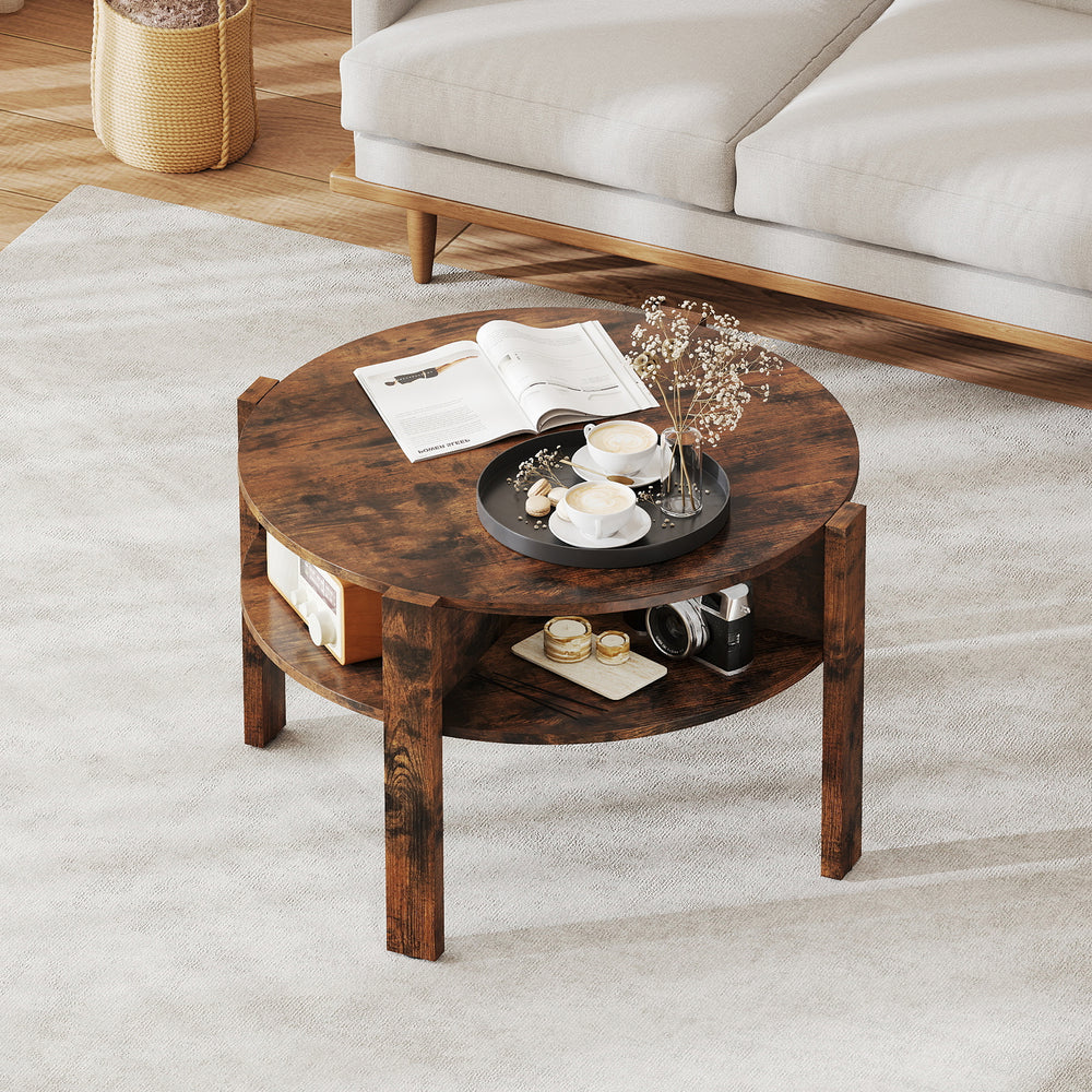 Rustic brown round coffee table with open shelves, showcasing a stylish design perfect for living rooms and small.