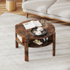 Rustic brown round coffee table with open shelves, showcasing a stylish design perfect for living rooms and small.