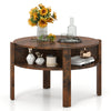Round coffee table in rustic brown with storage shelves, perfect for small spaces and stylish living room decor.