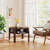Round coffee table in rustic brown with side shelves and thick legs, designed for stability and convenience in small.