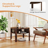 Round coffee table in rustic brown with elevated legs and storage shelves, perfect for small spaces and easy.