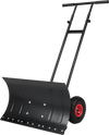 29-inch heavy-duty metal snow pusher with wheels, adjustable handle, and large rubber wheels for easy snow clearing.