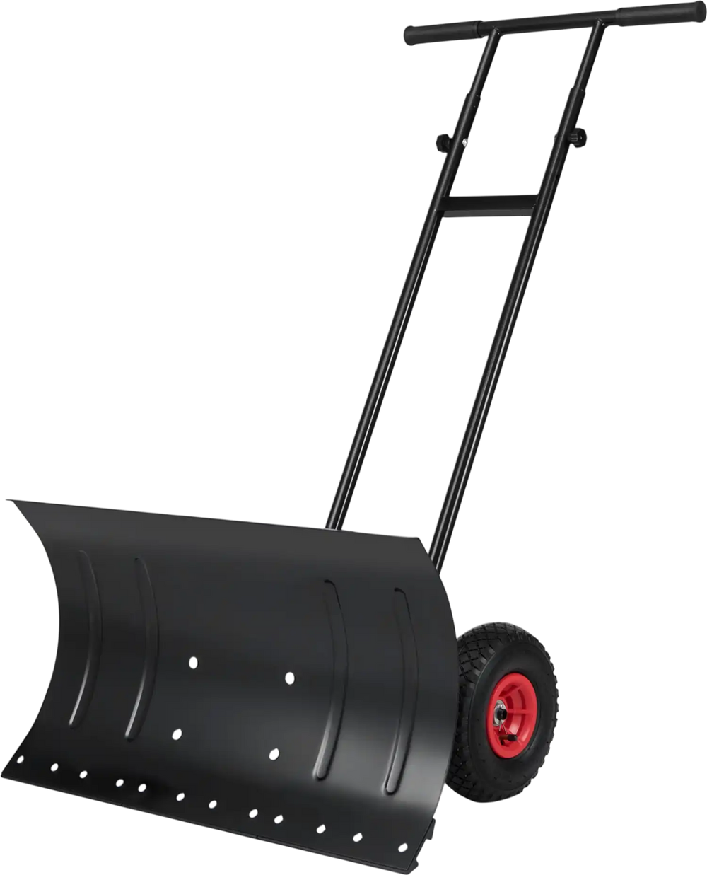 29-inch heavy-duty metal snow pusher with wheels, adjustable handle, and large rubber wheels for easy snow clearing.
