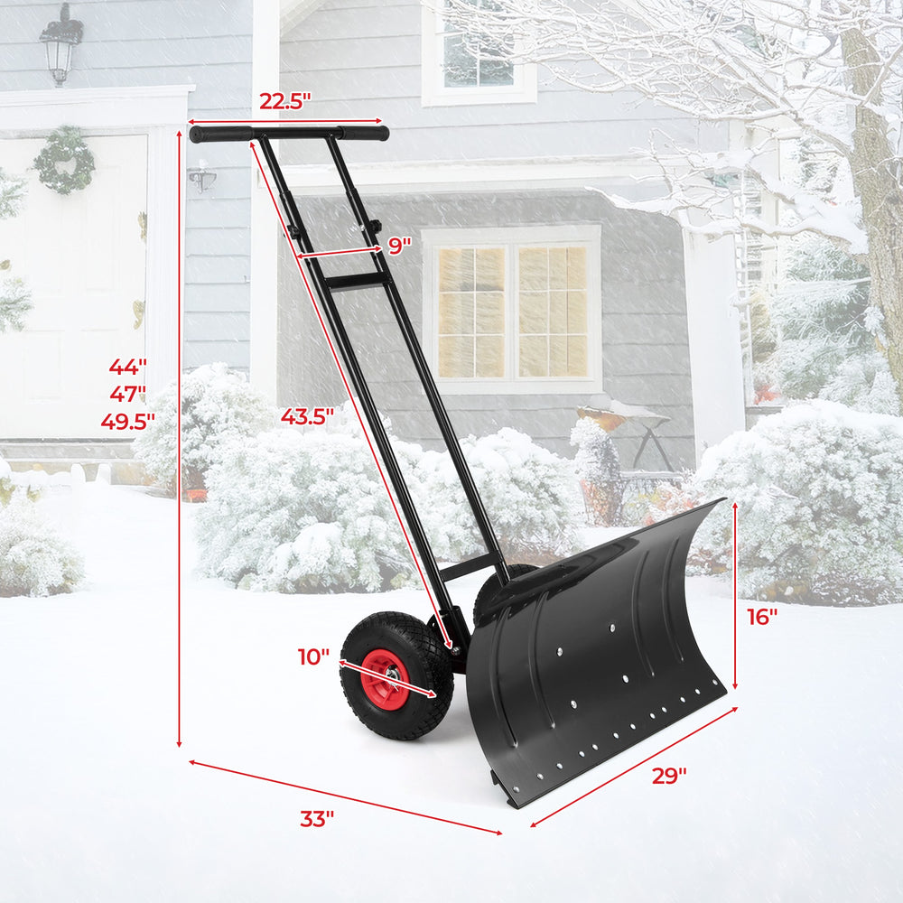 29-inch heavy-duty metal snow pusher with wheels, adjustable handle, and large blade for efficient snow clearing.