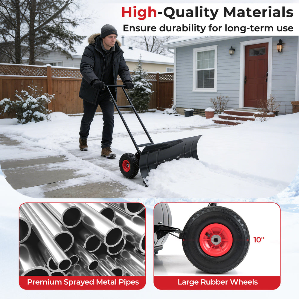 29-inch heavy-duty metal snow pusher with large rubber wheels and adjustable handle for efficient snow clearing.