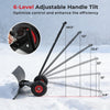 29-inch heavy-duty metal snow pusher with adjustable handle tilt and large rubber wheels for efficient snow clearing.