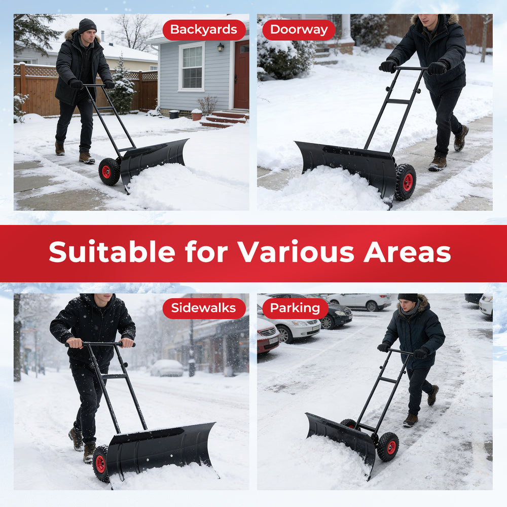 29-inch heavy-duty metal snow pusher with wheels, adjustable handle, ideal for clearing snow from driveways and.